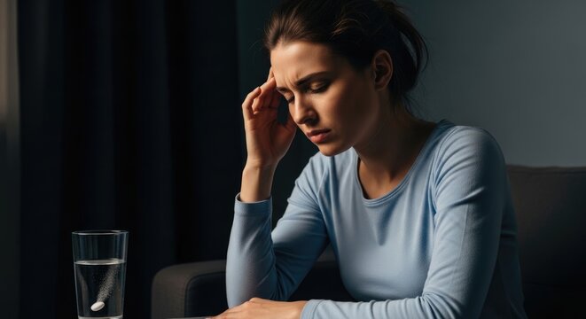 Young woman feeling unwell, struggling with symptoms of low blood arterial pressure hypotension, experiencing a severe headache, dizziness, and fatigue, needing medical relief at home