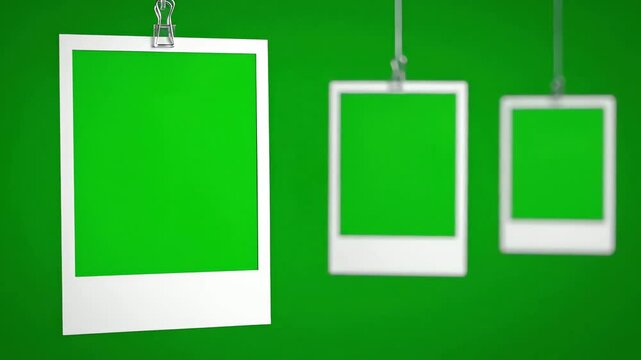 Three Instant Photo Frames with Green Screen Hanging on Strings, Chroma Key Template
