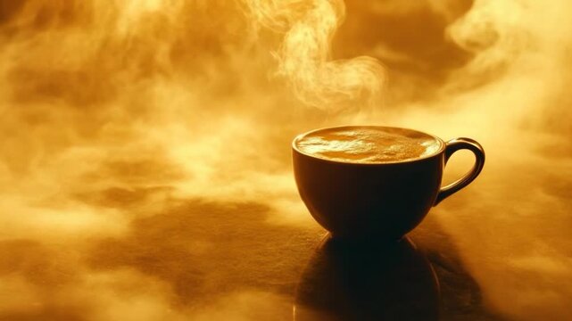 Steaming coffee in a warm, sepia-toned environment. A full cup sits, steam rising