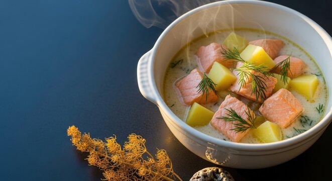 Traditional Finnish Lohikeitto Creamy Salmon Soup with Curling Steam and Cool Blue Editorial Copy Space