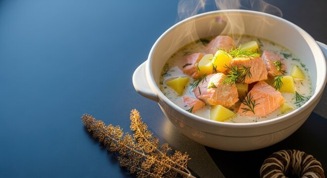 Traditional Finnish Lohikeitto Creamy Salmon Soup with Curling Steam and Cool Blue Editorial Copy Space