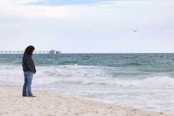Gulf Shores Beach Scene With Person Standing Near Water and Looking at Ocean During Day