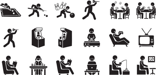 Indoor Leisure and Gaming Activity Icon Set - People Playing Billiards, Chess, Video Games, and Home Hobbies Solid Pictogram Vector © rofikgraph24