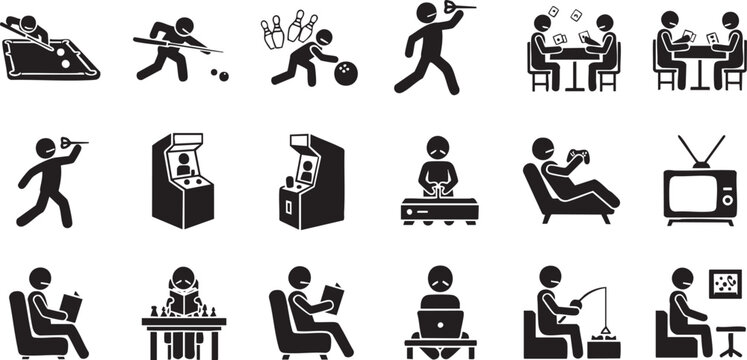 Indoor Leisure and Gaming Activity Icon Set - People Playing Billiards, Chess, Video Games, and Home Hobbies Solid Pictogram Vector