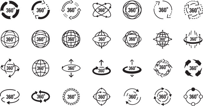 360 Degree View and Virtual Tour Icon Set - Panoramic Vision, Rotation Arrows, and Global Perspective Solid Black Vector Symbols