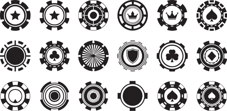 Professional Poker Chip Silhouette Set - Casino Gambling Tokens, Betting Markers, and Game Night Graphic Elements Solid Black Vector