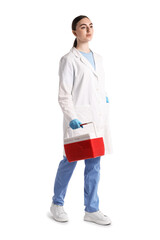 Fototapeta premium Laboratory worker holding red cool box on white background