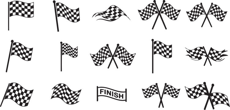 Racing Checkered Flag Icon Set - Motorsport Competition, Grand Prix Finish Line, and Automotive Speed Achievement Vector Symbols
