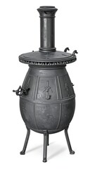 A metal chiminea heater with a decorative design