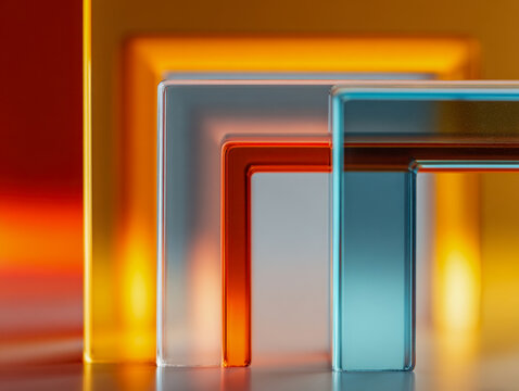 Transparent colored glass panels arranged in a geometric pattern with vibrant orange, yellow, and blue hues creating a modern artistic composition on a reflective su