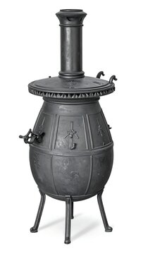 A metal chiminea heater with a decorative design