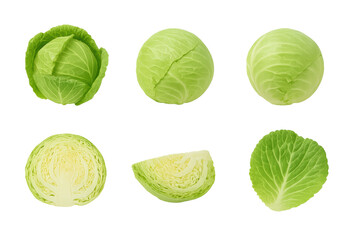 Fototapeta premium Fresh green cabbages and cabbage leaves shown whole, halved and sliced on a transparent background