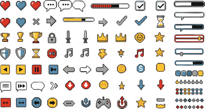 Retro Pixel Art Game UI Icon Set - 8-Bit Gaming Elements, Health Hearts, Trophies, and Navigation Buttons Vector