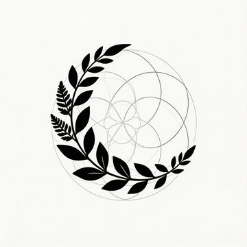 Botanical Crescent with Geometric Line Grid Vector