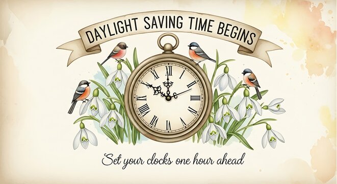 Daylight Saving Time Begins - Spring Forward with Birds and Flowers.