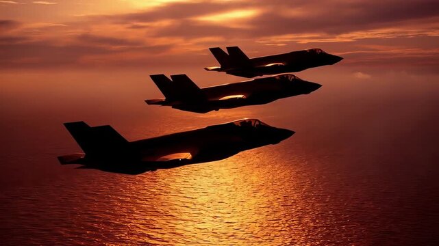 Stealth fighters maneuver low over water during evening twilight