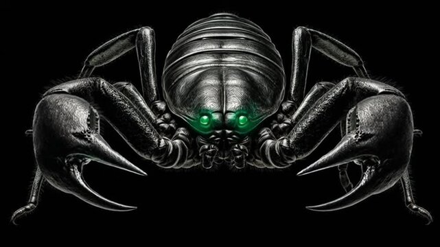 A detailed, frontal view of a metallic arachnid with glowing green eyes set against black