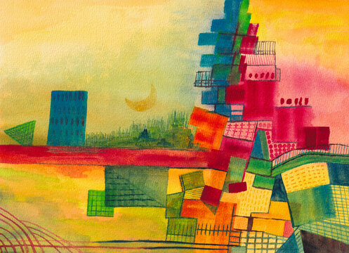 Vibrant Abstract Watercolor Cityscape with Geometric Shapes