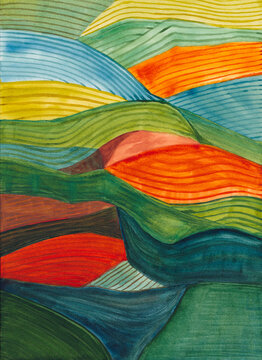 Vibrant Watercolor Abstract Hills Landscape Art