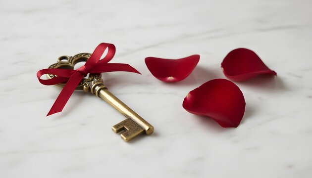 Elegant antique key adorned with a red ribbon and delicate rose petals, representing a romantic Valentine's Day love concept on marble.