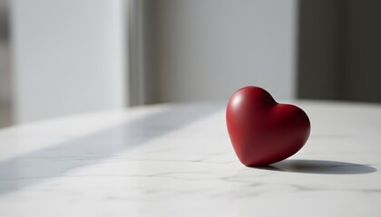 Fototapeta premium A vibrant red heart shape standing on a clean white marble surface with sunlight, symbolizing love and Valentine's Day romance concept