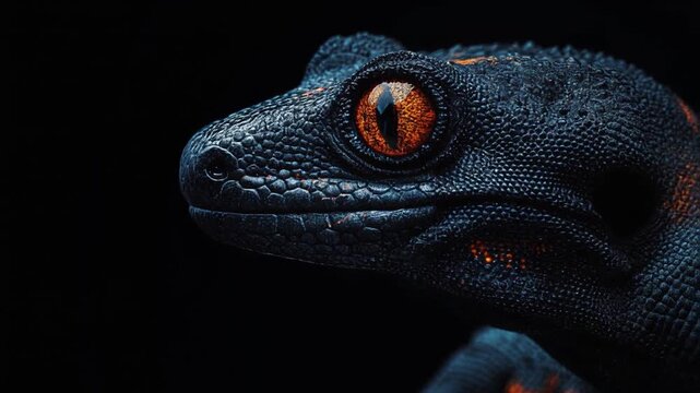 A close-up portrait of a reptile's head, featuring textured scales, vivid eye, and dark background