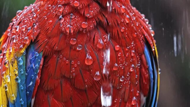 Vibrant red parrot feathers covered with glistening water droplets