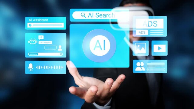Future Technology Concept with AI Search Interface and Virtual Assistant Displayed Over Hand Gesture in Modern Business Environment Gluon.