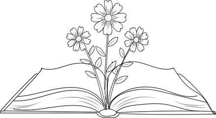 Open book with blooming flowers black and white