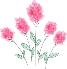 Pink floral arrangement with green leaves on white background