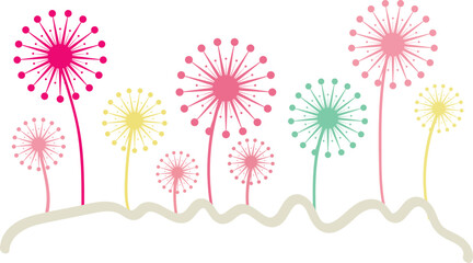 Pink yellow and green abstract dandelion flowers on beige wavy ground