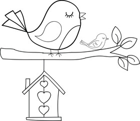 Two birds on a branch with a heart birdhouse tree nature