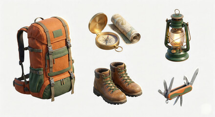 Comprehensive collection of essential outdoor adventure gear, featuring a backpack, hiking boots, compass, map, lantern, and multi-tool for thrilling expeditions and wilderness exploration