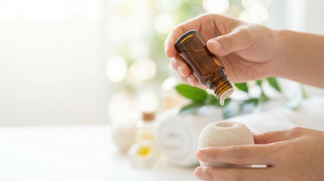 Hand dripping essential oil from an amber bottle onto a porous aromatherapy diffuser stone.