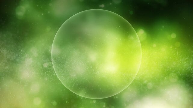 Green nature concept with large circular copy space and tiny particles gently swirling around, fresh eco background with soft light and organic atmosphere. Seamless looping.
