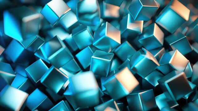 Abstract Geometric Cubes: A mesmerizing display of metallic cubes in varying shades of blue, seemingly suspended in motion. Capturing a sense of innovation and digital artistry. 