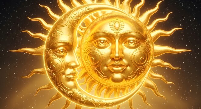 Golden sun and moon with ornate faces, celestial bodies intertwined, mystical spiritual decorative art