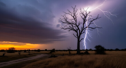 Fototapeta premium Dramatic lightning bolt electrifies a bare tree under a powerful storm sky, strikingly contrasted by a vibrant sunset over the vast savanna landscape