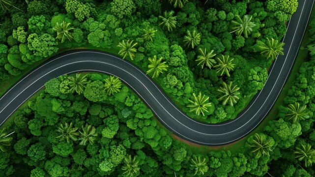 Winding Road Through Lush Landscape: A serpentine asphalt road weaves its way through a vibrant green forest canopy, evoking a sense of adventure and the open road.