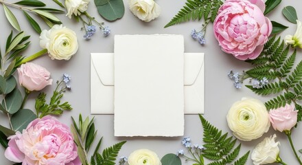 Elegant Blank Invitation Card and Envelope Mockup Artfully Framed by Fresh Spring Blooms and Greenery