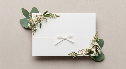 Graceful Wedding Announcement Flat Lay Featuring Lush Eucalyptus, White Flowers, and Gold Rings
