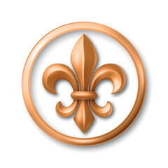Vector 3d Golden Fleur De Lis Symbol in Round Frame, Isolated. Elegant Royal Emblem. Classic French Heraldic Icon. Luxury Fleur De Lis Sign. Logo Design, Badge, Noble Decoration, Vintage Ornament © gomolach
