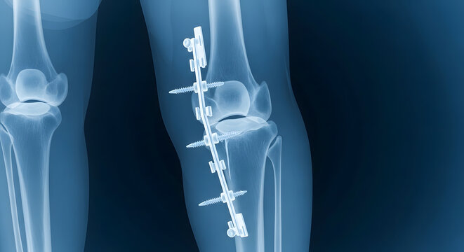 X-ray of a broken knee with hardware