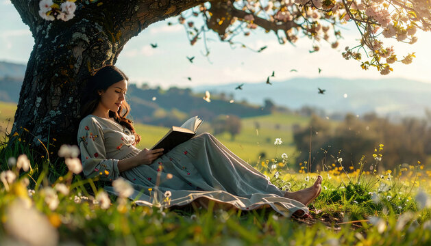 Young Woman Reading Under Blossoming Tree