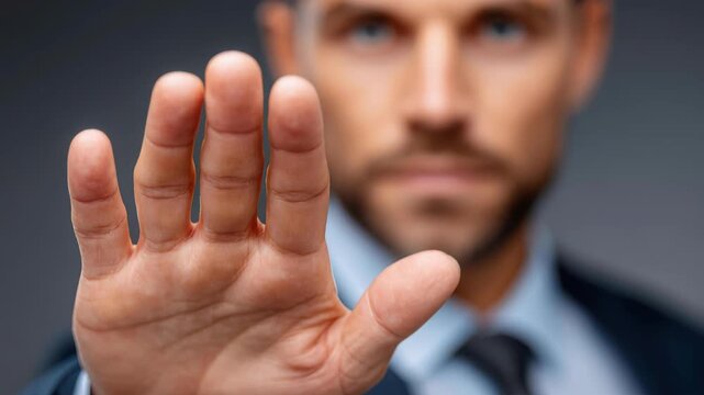 Decision Gesture: A stern-faced person extends a hand in a decisive stop gesture. The image conveys clear boundaries, authority, and assertion.
