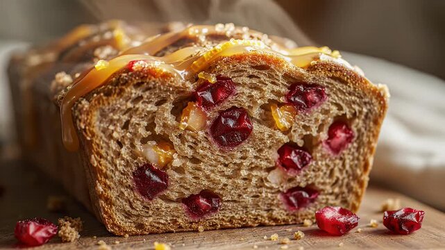 A cross-section of a loaf of bread, fruit inclusions and glazed topping