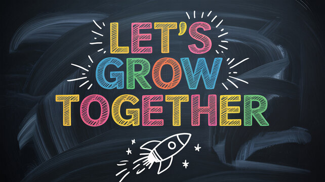 Chalkboard background with colorful hand-drawn "LET'S GROW TOGETHER" text and small white rocket ship illustration