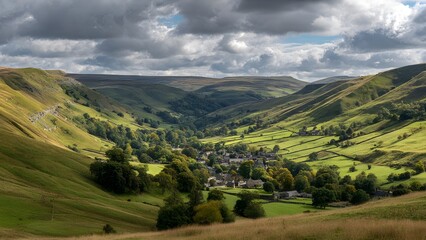 Beautiful, isolated, serene, unpopulated landscape showcasing Peak District – Rolling hills, limestone dales, and charming villages 