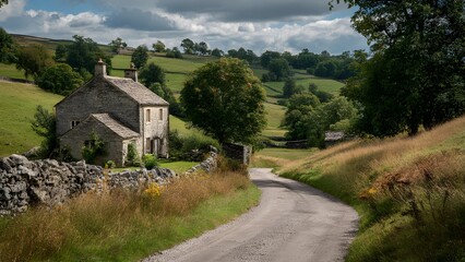 Fototapeta premium Beautiful, isolated, serene, unpopulated landscape showcasing Peak District – Rolling hills, limestone dales, and charming villages 