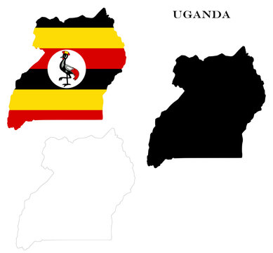 Uganda Country Maps Bundle with National Flag, Black Silhouette and Detailed Outline Contours